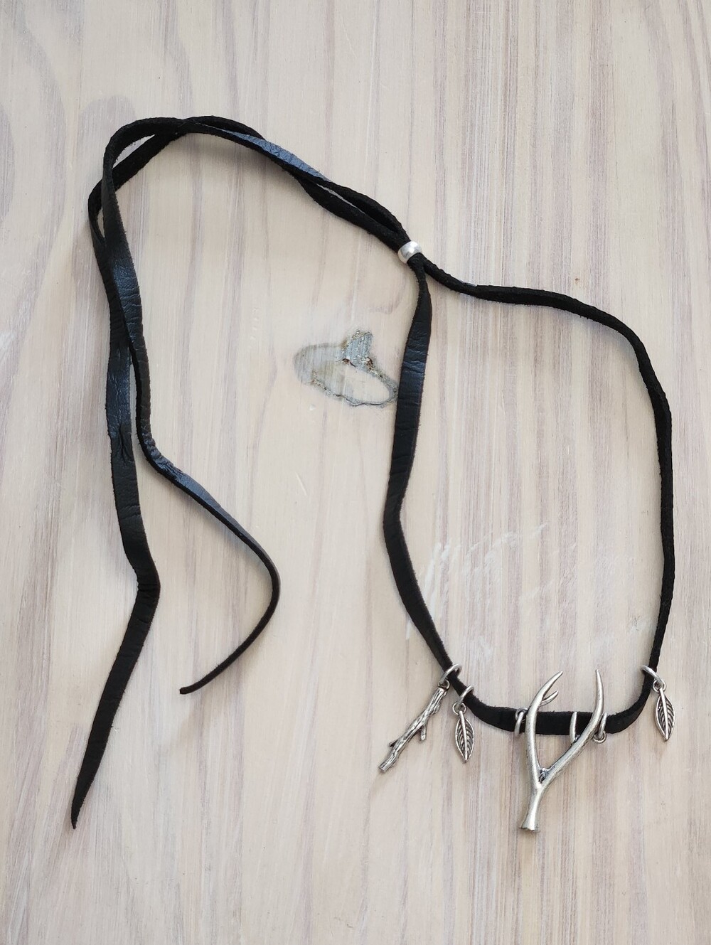 Black Leather Cord Necklace Antique Aged Silver Antler Leaf Pendant